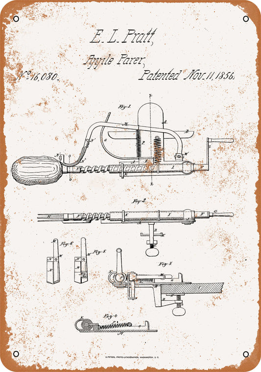 1856 Apple Peeler Patent - 10x14 Metal Sign - Retro Rusty Look