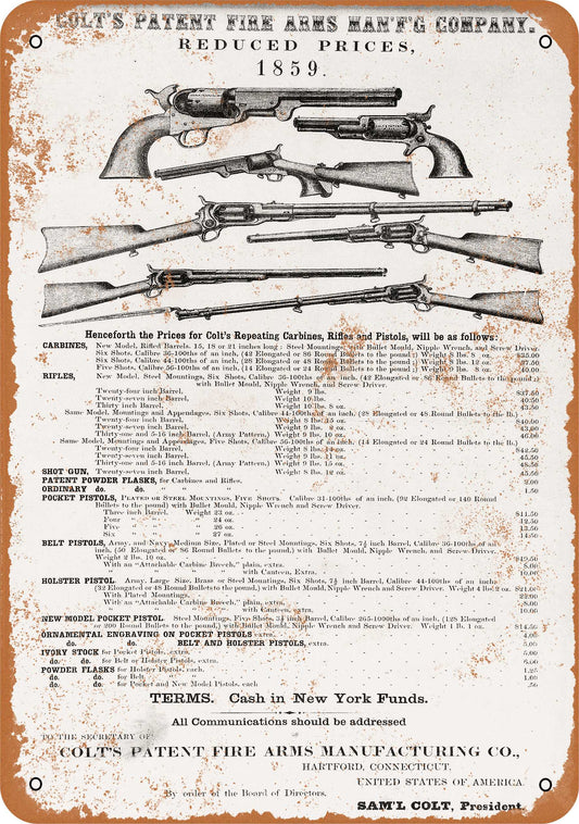 1859 Colt Firearms - 10x14 Metal Sign - Retro Rusty Look