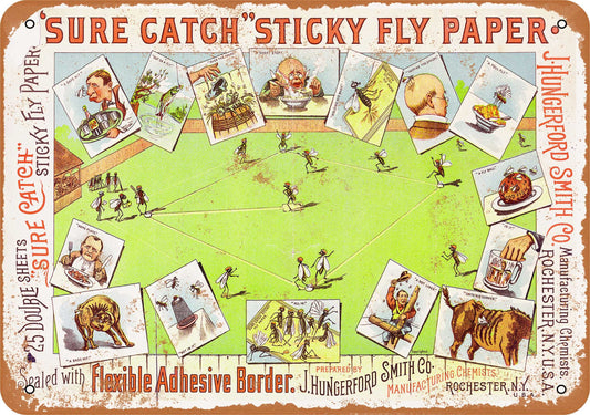 1863 Sure Catch Sticky Fly Paper - 10x14 Metal Sign - Retro Rusty Look