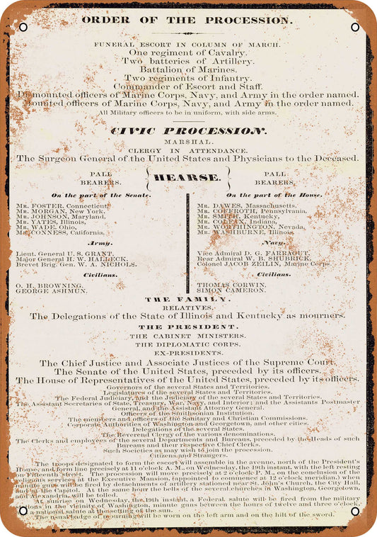 1865 Lincoln's Funeral Program Washington - 10x14 Metal Sign - Retro Rusty Look