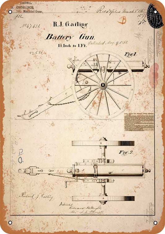 1865 Gatling Gun Patent Drawing - 10x14 Metal Sign - Retro Rusty Look