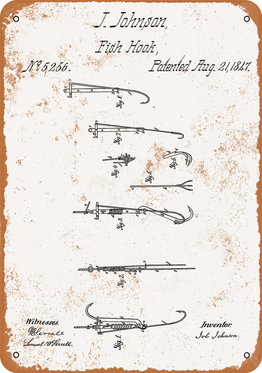 1847 Fish Hook Patent - 10x14 Metal Sign - Retro Rusty Look