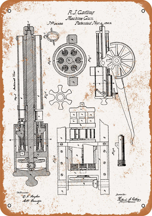 1862 Gatling Machine Gun Patent - 10x14 Metal Sign - Retro Rusty Look