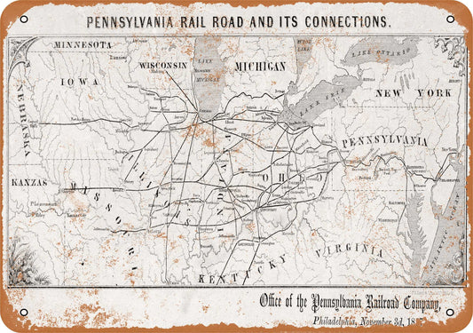 1857 Pennsylvania Railroad Map - 10x14 Metal Sign - Retro Rusty Look