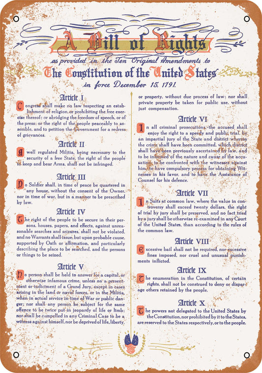 1791 United States Bill of Rights - 10x14 Metal Sign - Retro Rusty Look