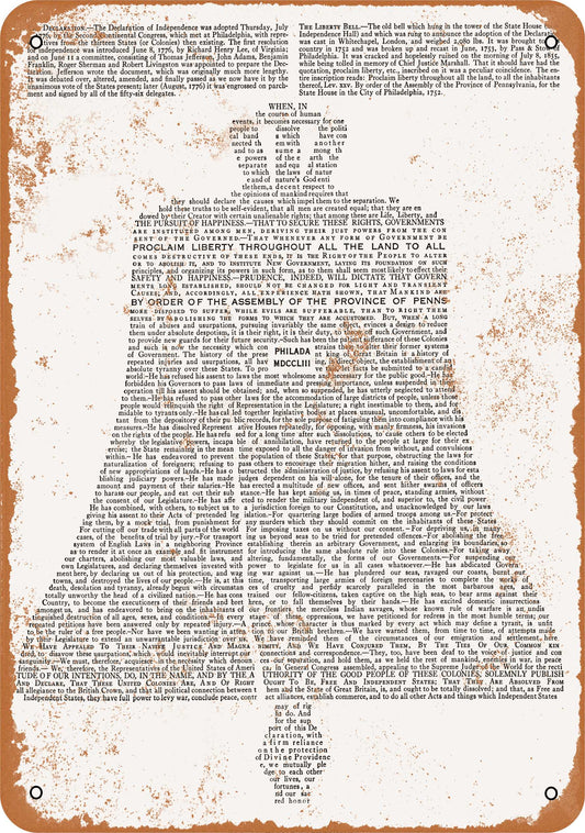 1776 Declaration of Independence Shaped as Liberty Bell - 10x14 Metal Sign - Retro Rusty Look