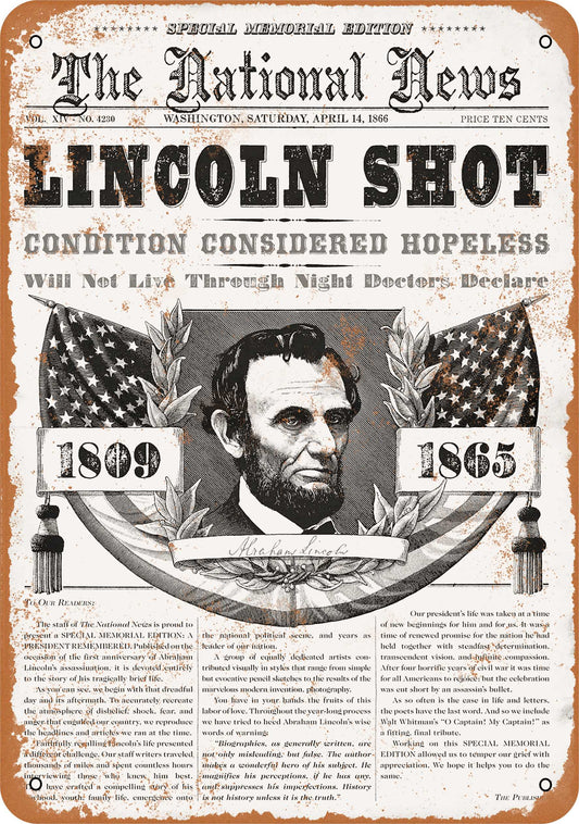 1865 Abraham Lincoln Shot - 10x14 Metal Sign - Retro Rusty Look
