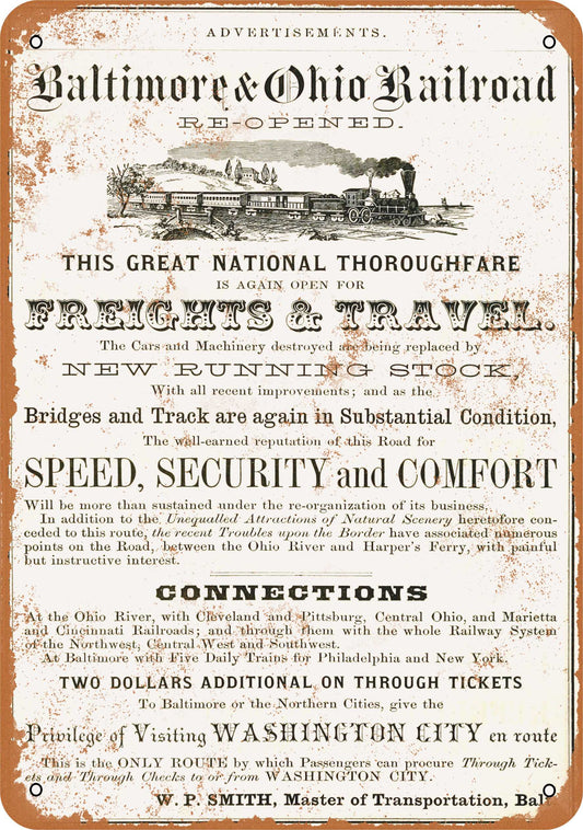 1864 B&O Railroad Reopened - 10x14 Metal Sign - Retro Rusty Look