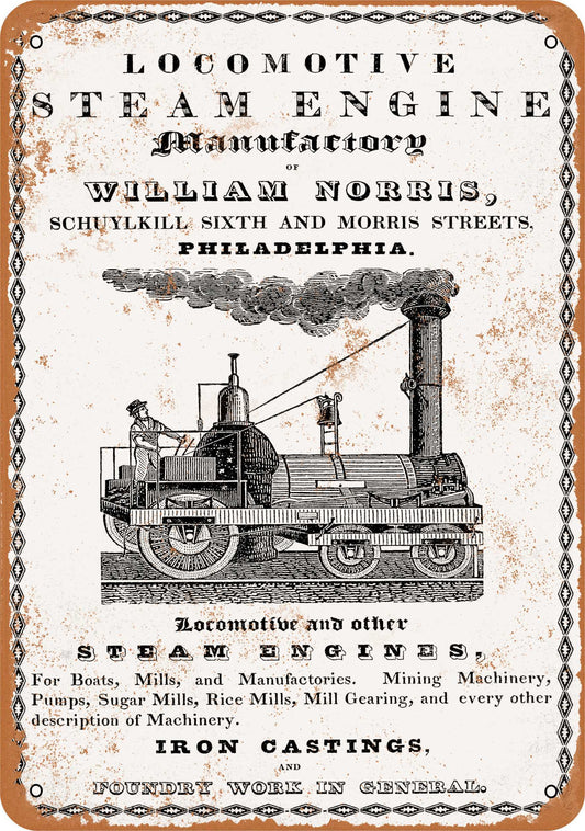 1842 Norris Steam Locomotives - 10x14 Metal Sign - Retro Rusty Look