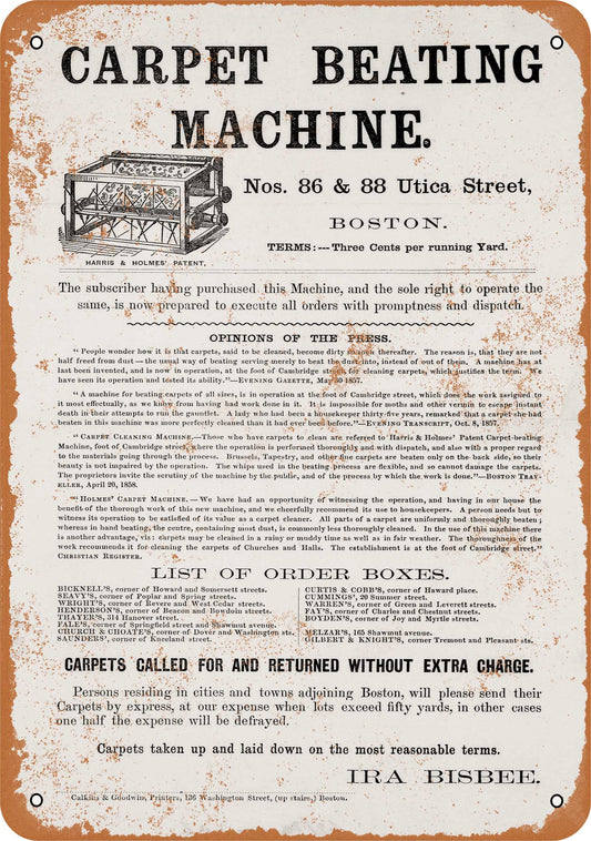 1861 Carpet Beating Machine - 10x14 Metal Sign - Retro Rusty Look
