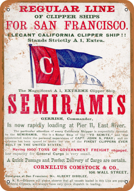 1858 Clipper Ship Semiramis San Francisco - 10x14 Metal Sign - Retro Rusty Look